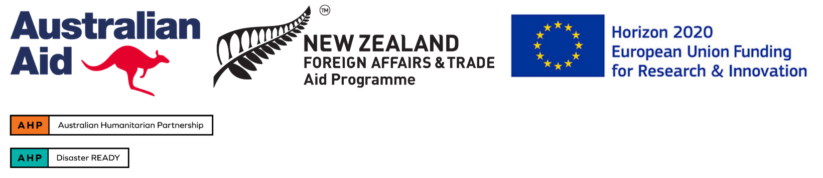 Australian Aid, New Zealand Foreign Affairs & Trade Aid Programme, Horizon 2020 European Union Funding for Research & Innovation, AHP Australian Humanitarian Partnership, AHP Disaster Ready